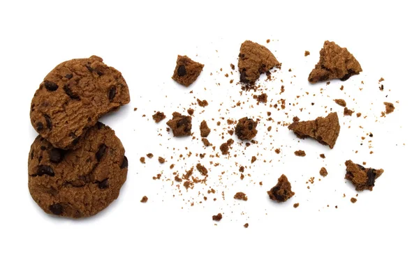 Chocolate Chip Cookies Crumbs White Background Top View — Stock Photo, Image