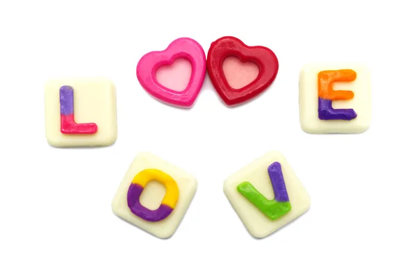 White Chocolate Shape Word Love Pink Red Lovely Hearts Shaped — Stock Photo, Image