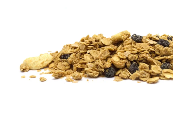 Organic Homemade Crunchy Granola Cereal Pile White Background Ingredients Mixed — Stock Photo, Image