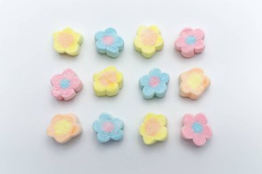 Beyaz arkaplanda şekerleme şeklinde pastel tatlı çiçekler.