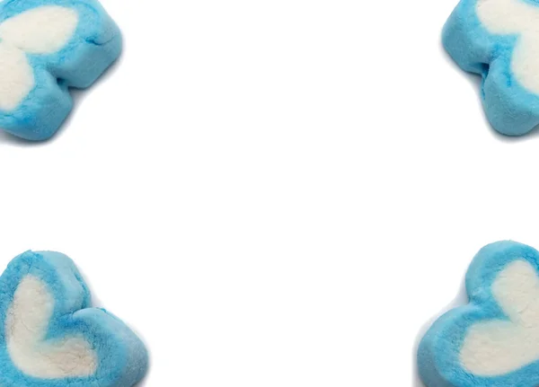 Azul Doce Coração Forma Marshmallow Isolado Fundo Branco Espaço Cópia — Fotografia de Stock