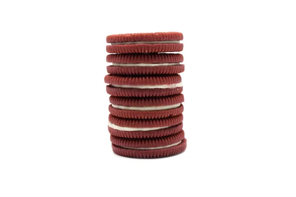 Oreo Μπισκότα Απομονώνονται Λευκό Φόντο Είναι Ένα Κόκκινο Βελούδο Σάντουιτς — Φωτογραφία Αρχείου