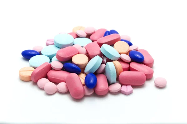 Voorgeschreven Medicijnen Pillen Tabletten Van Verschillende Kleuren Allemaal Gemengd Witte — Stockfoto