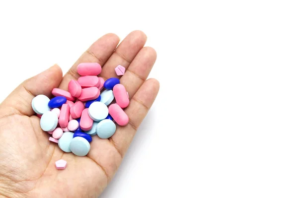 Receptköteles Gyógyszerek Tabletták Tabletták Különböző Színekben Kezében Fehér Alapon Fénymásolási — Stock Fotó