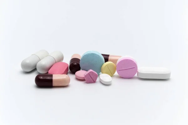 Medicamentos Recetados Pastillas Cápsulas Tabletas Diferentes Colores Todos Mezclados Sobre —  Fotos de Stock