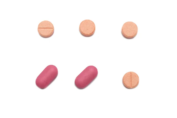 Prescrizione Farmaci Medicine Diversi Colori Tra Colori Arancio Rosa Isolati — Foto Stock