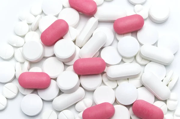 Farmaci Prescrizione Pillole Compresse Diversi Colori Tra Capsule Bianche Compresse — Foto Stock