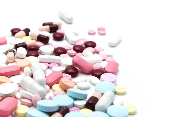 Farmaci Prescrizione Pillole Capsule Compresse Diversi Colori Tutti Mescolati Sfondo — Foto Stock