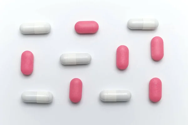 Leki Receptę Pigułki Tabletki Kapsułki Różnych Kolorach Między Białymi Różowymi — Zdjęcie stockowe