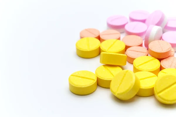 Pile Prescription Drugs Pills Tablets Different Colors Orange Yellow Pink — Stock Photo, Image