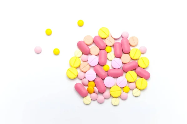 Leki Receptę Tabletki Kapsułki Tabletki Różnych Kolorach Białym Tle Widok — Zdjęcie stockowe