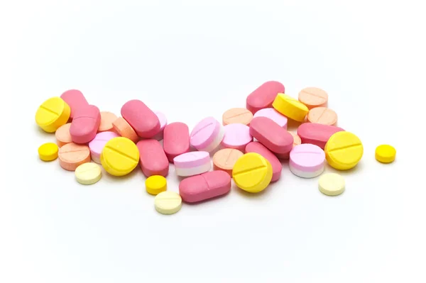 Leki Receptę Tabletki Kapsułki Tabletki Różnych Kolorach Białym Tle Skupienie — Zdjęcie stockowe