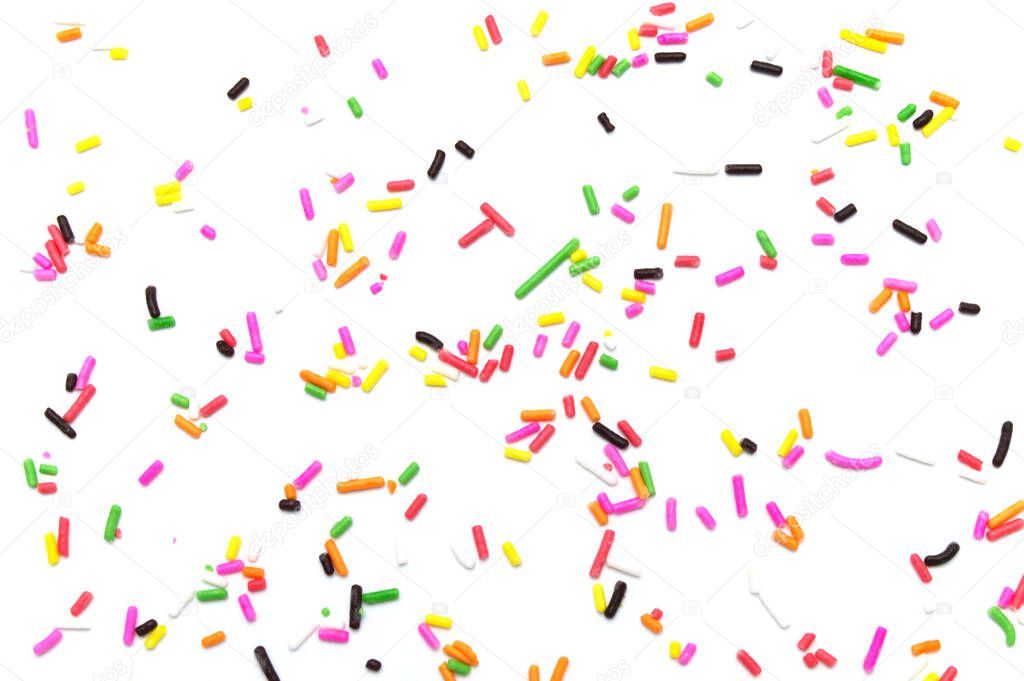 Colorful sprinkles sugar decoration for topping cake and bakery on white background.