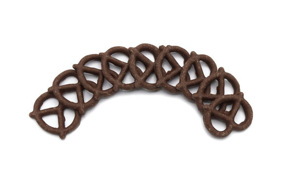 Pretzel with Chocolated biscuit flavored and coated chocolated cream on white background.