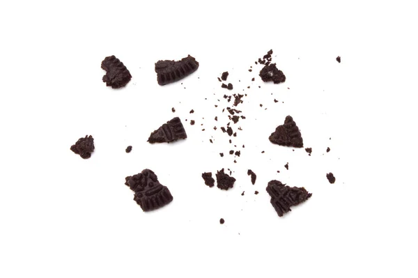 Oreo Keksz Morzsákkal Fehér Háttérrel Egy Szendvics Süti Csokoládé Krémmel — Stock Fotó