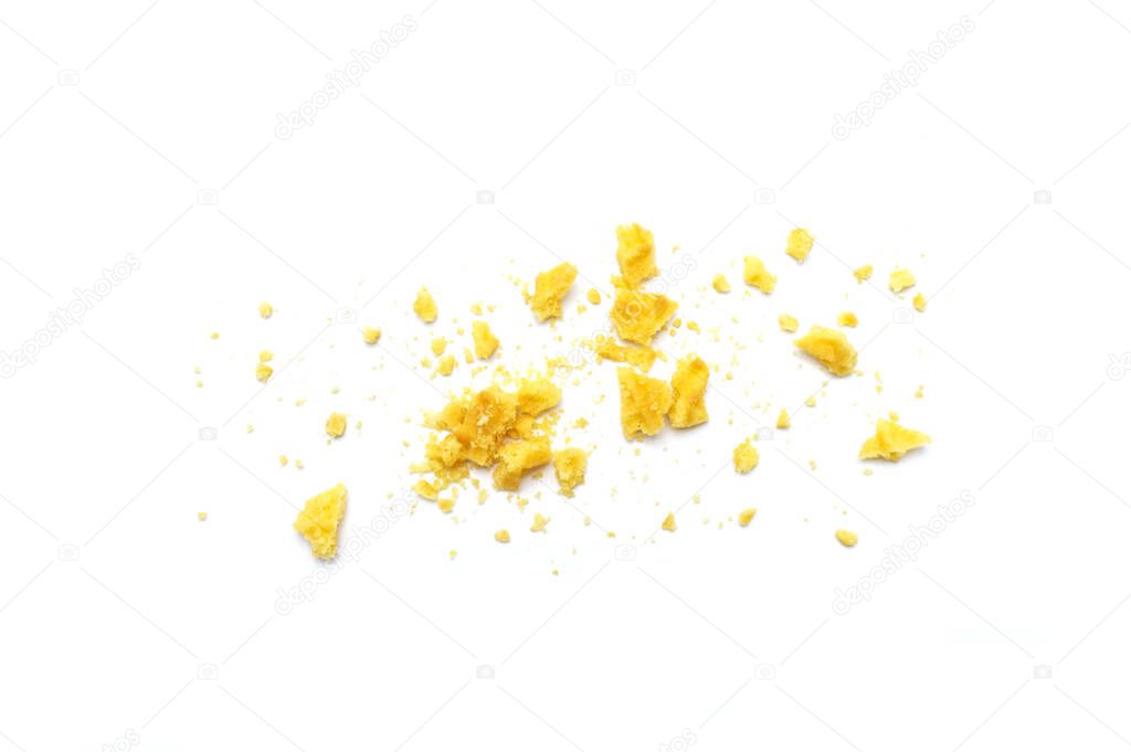 Crumbs of waffle crisp butter flavor biscuits isolated on white background.
