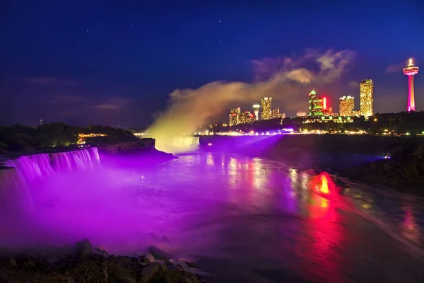 Night at Niagara Falls And American Falls with Colorful Lights, N — Stock Photo, Image