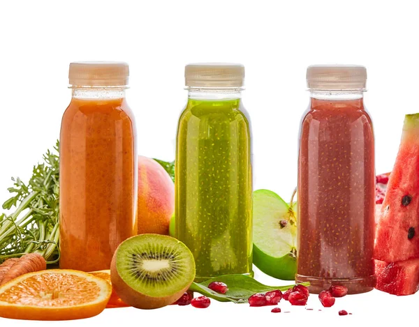 Bottiglie di frullati di frutta e verdura sani — Foto Stock
