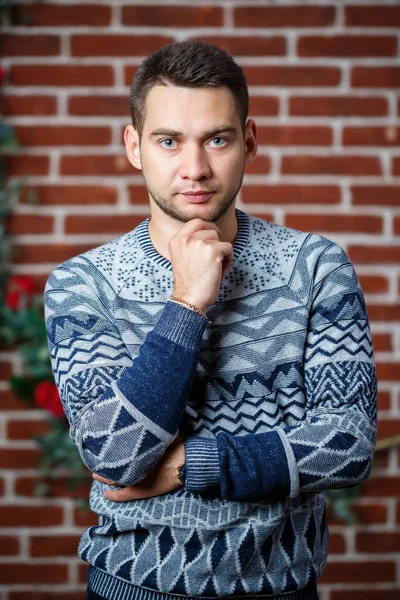 Young Guy Sweatshirt Brick Wall — Stock Photo, Image