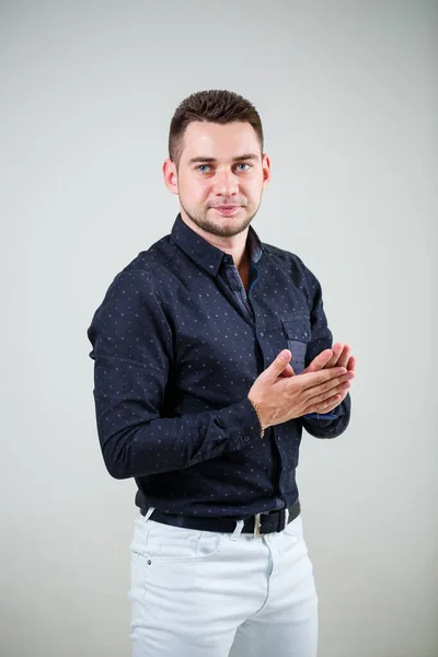 Young Businessman Guy Black Shirt White Trousers White Background — Stock Photo, Image