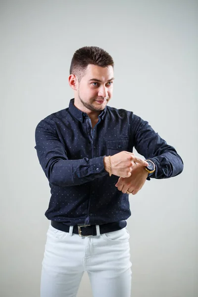 Young Businessman Guy Black Shirt White Trousers White Background — Stock Photo, Image