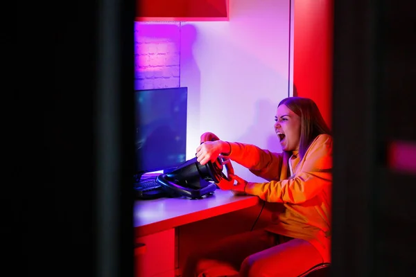 Girl Gamer Playing Racing Computer She Uses Steering Wheel Emotional — Stock Photo, Image