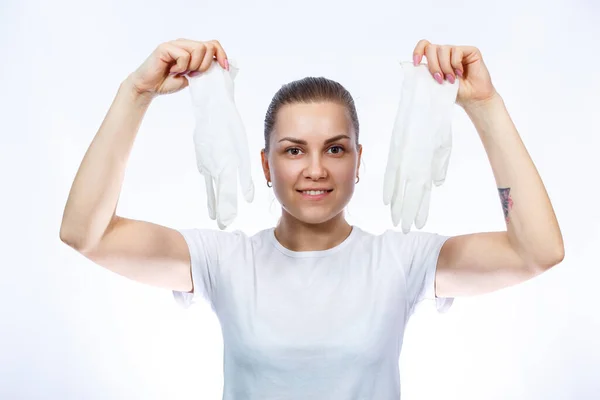 Das Mädchen Hält Weiße Medizinhandschuhe Den Händen Schutz Vor Keimen — Stockfoto