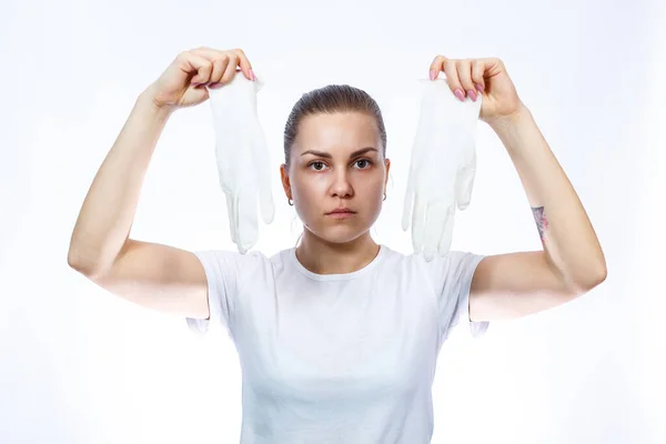 Das Mädchen Hält Weiße Medizinhandschuhe Den Händen Schutz Vor Keimen — Stockfoto