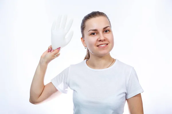 Girl Holds White Medical Gloves Her Hands Protection Germs Virus — Stock Photo, Image