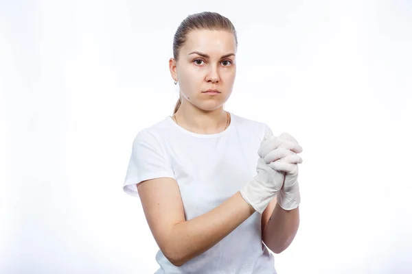 Дівчинка Парамедик Одягає Білі Медичні Рукавички Руки Захист Від Мікробів — стокове фото