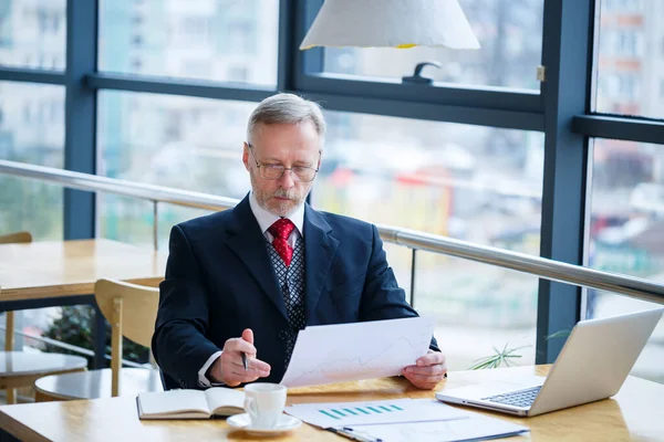 Hombre Adulto Mentor Director Hombre Negocios Gafas Traje Estudiando Documentos — Foto de Stock