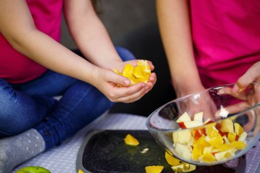 Kızım ve annem elma portakalı ve mandalinadan oluşan bir meyve salatası kestiler.