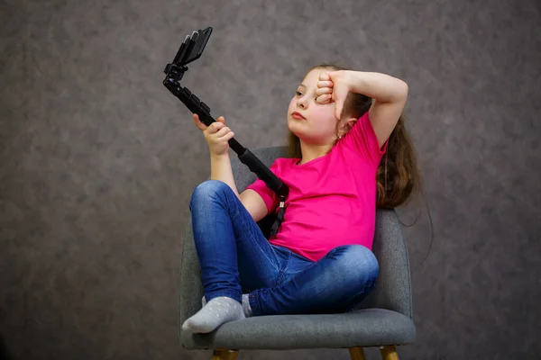 Girl Shirt Takes Selfie Her Phone Poses — Stock Photo, Image