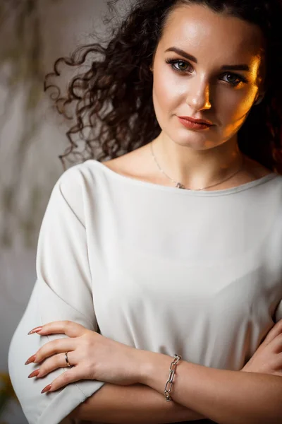 Close Portrait Her She Beautiful Attractive Lovely Cheerful Wavy Hair — Stock Photo, Image