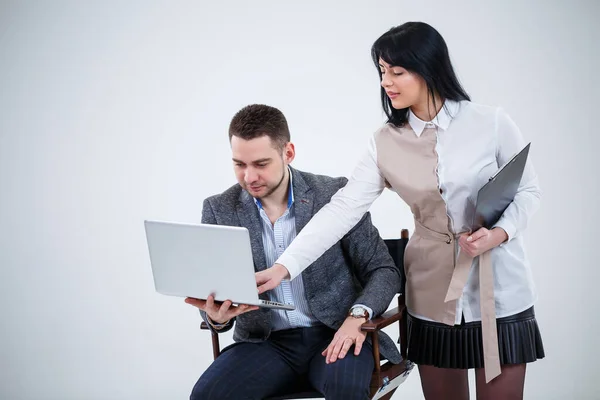 Successful Man Suit Sitting Black Chair Laptop Woman Standing Nearby — Stock Photo, Image