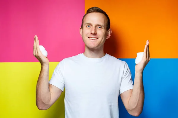 Portrait Young Cheerful Guy Multi Colored Background Dressed White Shirt — Stock Photo, Image