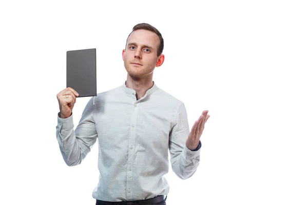 Man Businessman Teacher Mentor Examines Entries Your Diary Isolated White — Stock Photo, Image