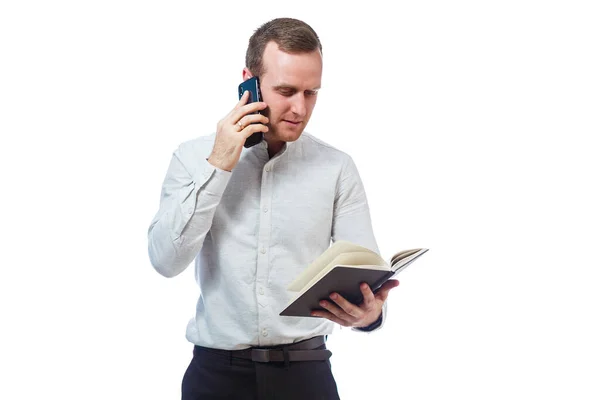 Man Businessman Teacher Mentor Examines Entries Your Diary Talking Cell — Stock Photo, Image