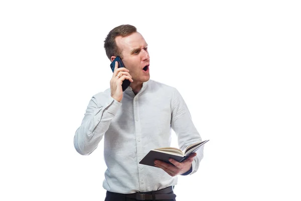 Man Businessman Teacher Mentor Examines Entries Your Diary Talking Cell — Stock Photo, Image