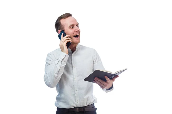 Man Businessman Teacher Mentor Examines Entries Your Diary Talking Cell — Stock Photo, Image