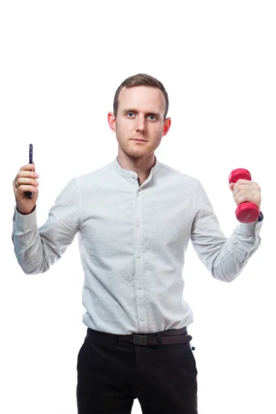 Man Businessman Teacher Talking Phone Playing Sports Holds Hand Red — Stock Photo, Image