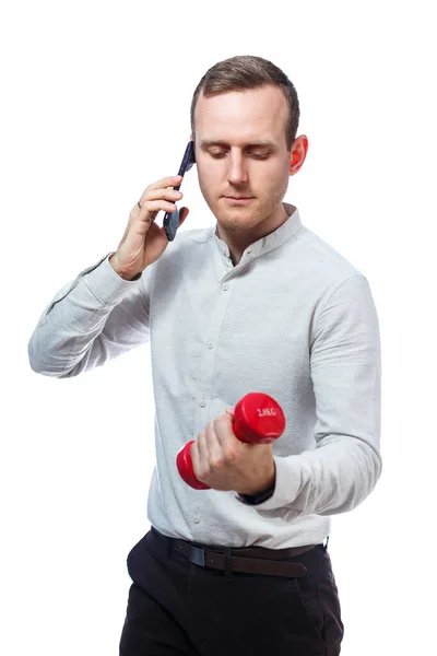 Man Businessman Teacher Talking Phone Playing Sports Holds Hand Red — Stock Photo, Image