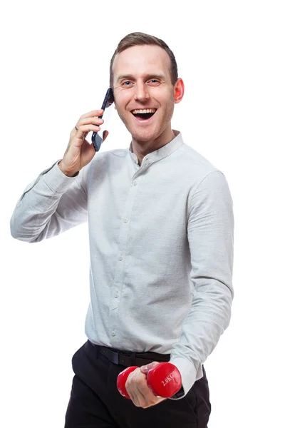 Man Businessman Teacher Talking Phone Playing Sports Holds Hand Red — Stock Photo, Image