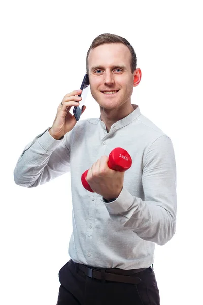 Man Businessman Teacher Talking Phone Playing Sports Holds Hand Red — Stock Photo, Image