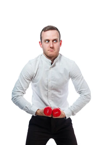Caucasian Man Businessman Teacher Involved Sports Holding Red Dumbbell Wearing — Stock Photo, Image
