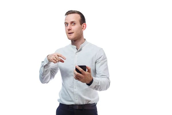 Caucasian Man Businessman Teacher Mentor Talking Phone Makes Selfie Wearing — Stock Photo, Image