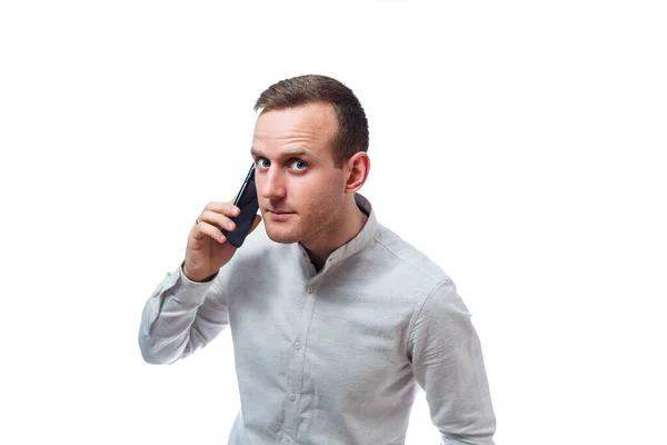 Caucasian Man Businessman Teacher Mentor Talking Phone Makes Selfie Wearing — Stock Photo, Image