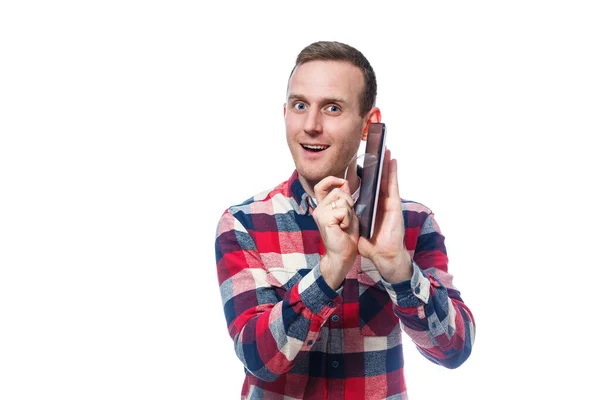 White Skinned Male Freelancer Repairman Scratches Protective Film Tablet Screen — Stock Photo, Image