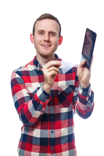 White Skinned Male Freelancer Repairman Scratches Protective Film Tablet Screen — Stock Photo, Image