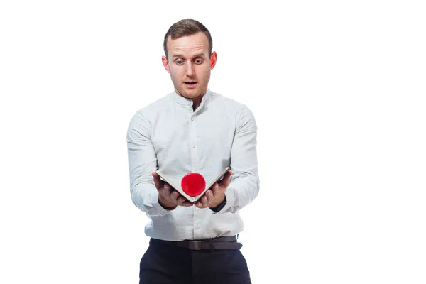 Caucasian man businessman, a teacher mentor. He is holding a diary and red dumbbell. He is wearing a shirt. Emotional portrait. Isolated on white background — Stock Image Caucasian Man Businessman Teacher Mentor Holding Diary Red Dumbbell Wearing Stock Image